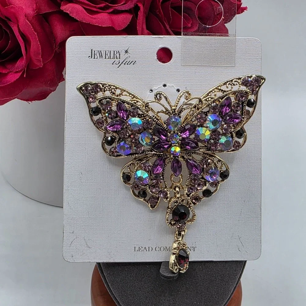 Jewelry is Fun Butterfly Brooch Rhinestone Enamel Gold Tone Purple New Glam